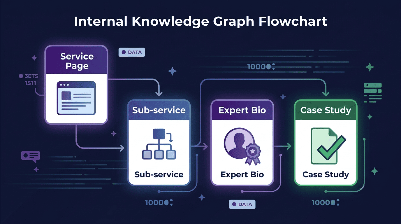 Internal Linking Knowledge network map illustrating internal linking between services, team credentials, and case studies.
